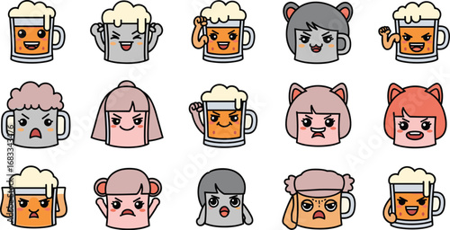 Cartoon set of beer mug characters with diverse faces and expressions