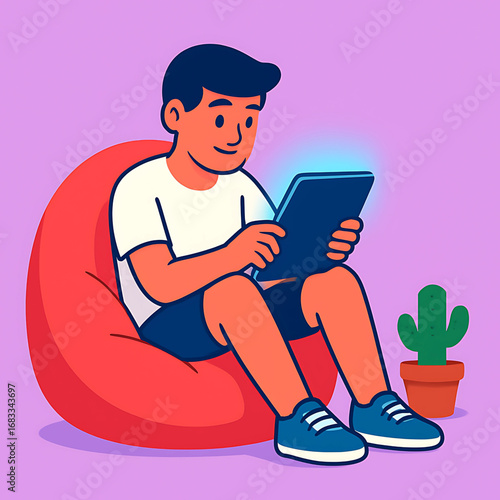 Young boy happily using a tablet while sitting on a comfortable beanbag chair with a cactus nearby, illustrating modern technology and relaxation