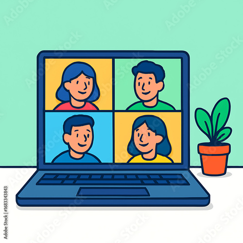Illustration of a team collaborating through a video conference call on a laptop screen, concept of remote work and digital communication