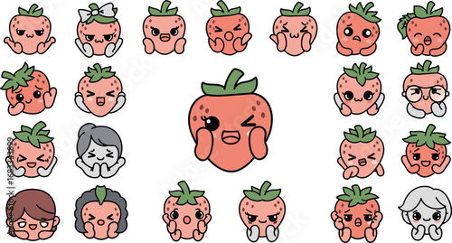Cartoon strawberry characters with various expressions and emotions. Vector illustration