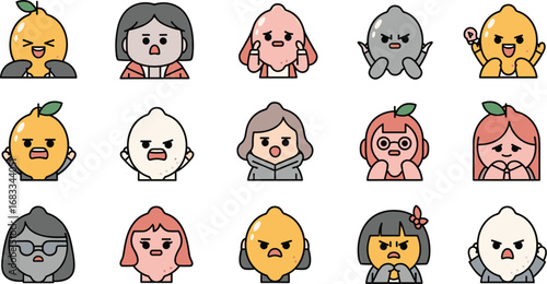 Cartoon fruit faces with human-like expressions expressing various emotions on beige background