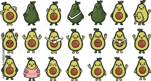 Cartoon avocado characters show various emotions and poses, from happy to angry, hugging, and bandaged