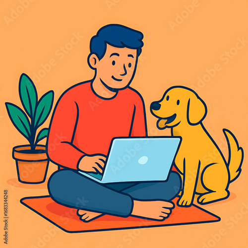 Cartoon vector illustration of a freelancer working on a computer at home with his friendly pet dog companion