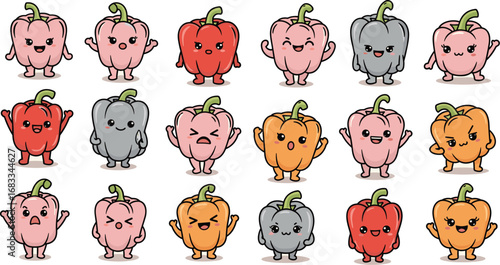 Cartoon bell peppers with cute expressions. Kawaii vegetable illustration.
