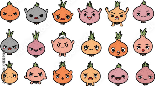 Cartoon onion characters with varied expressions, set on cream background