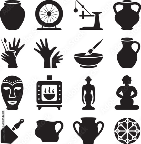 Pottery Making Tools and Ceramic Vessels Silhouette Icons ceramics vase