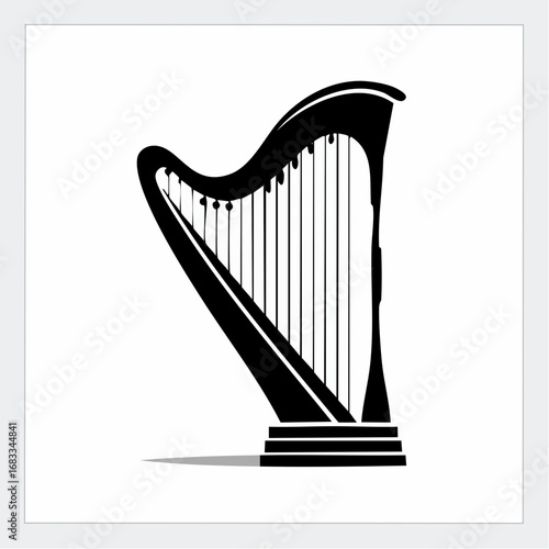 Harp silhouette. This image shows a black silhouette of a harp, a classical stringed instrument, depicted in a detailed and artistic style. Vector clipart illustration design.