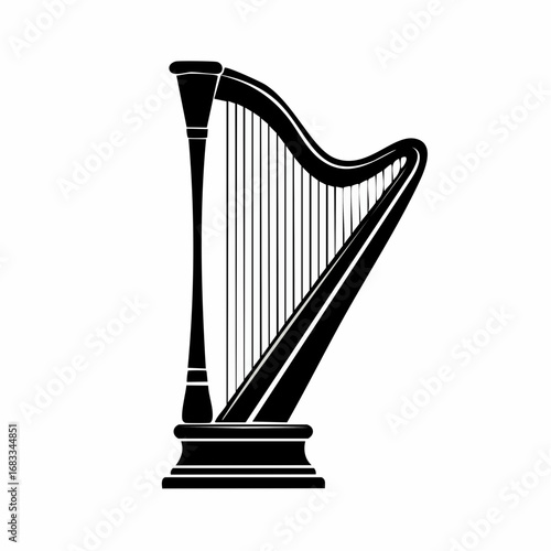 Harp silhouette. This image shows a black silhouette of a harp, a classical stringed instrument, depicted in a detailed and artistic style. Vector clipart illustration design.