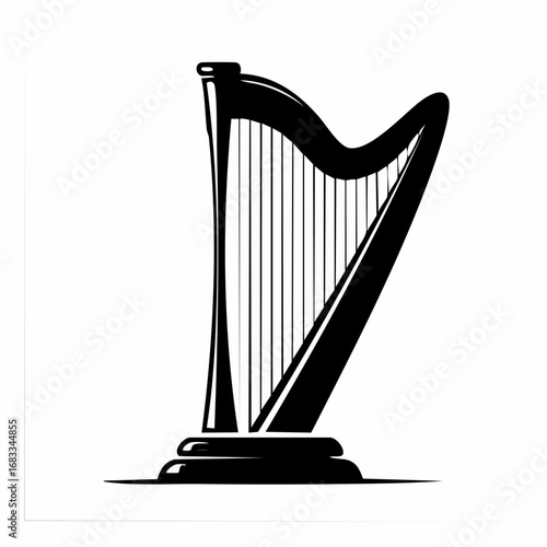 Harp silhouette. This image shows a black silhouette of a harp, a classical stringed instrument, depicted in a detailed and artistic style. Vector clipart illustration design.
