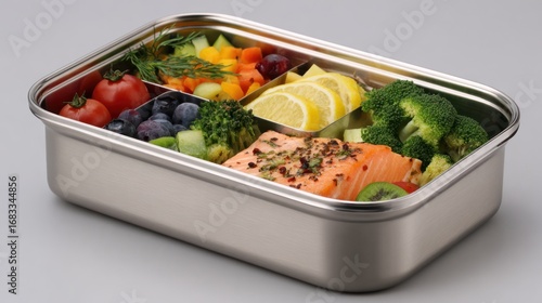 A vibrant meal prep container filled with fresh salmon, colorful vegetables, and fruits, showcasing a balanced and nutritious food choice for healthy eating.