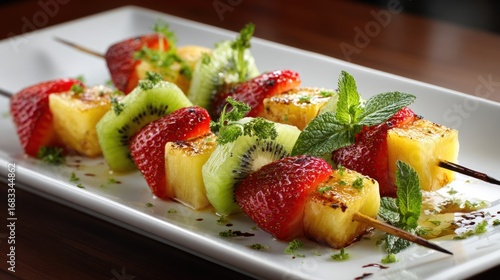 A vibrant plate of colorful fruit skewers featuring strawberries, kiwi, and pineapple, garnished with fresh mint. Perfect for summer gatherings or healthy snacks.