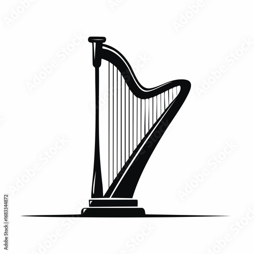 Harp silhouette. This image shows a black silhouette of a harp, a classical stringed instrument, depicted in a detailed and artistic style. Vector clipart illustration design.