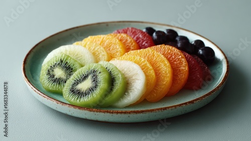 A vibrant plate showcasing a variety of sliced fruits. The arrangement features kiwi, oranges, apples, and blueberries, perfect for refreshing meals or healthy snacking.