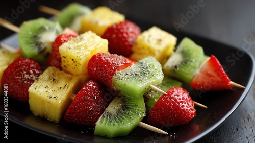 A vibrant platter of fruit skewers featuring juicy strawberries, refreshing kiwi, and sweet pineapple. Perfect for summer parties or healthy snack options.