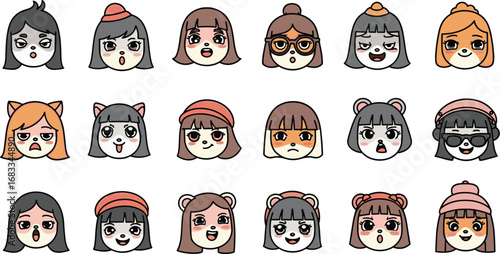 Cartoon faces with various expressions and headwear in rows
