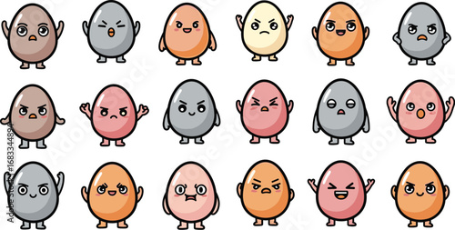 Collection of cartoon eggs with varied emotional expressions and poses on light background.
