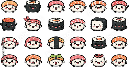 Collection of cute cartoon sushi characters with smiling faces.