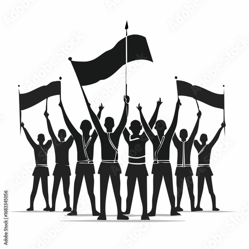 Color guard flag silhouette. The image shows black silhouettes of multiple individuals holding and waving flags, likely representing a color guard performance. Vector clipart illustration design.