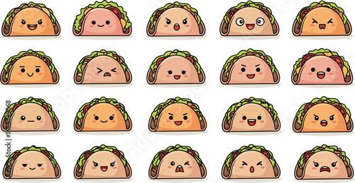 Cartoon tacos with various facial expressions in rows.
