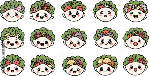 Kawaii cartoon salad heads with different vegetable toppings and expressions.