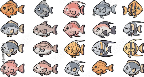 Cartoon fish set with grumpy expressions in various colors and shapes, featuring bold outlines and stylized fins