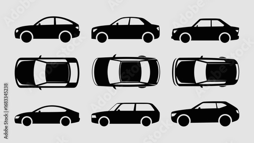Set of car silhouettes with side and top perspective