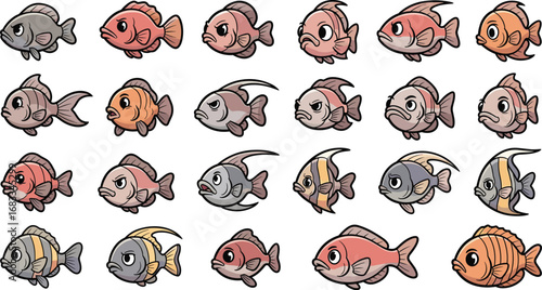 Cartoon fish collection with various colors and fin styles, expressive faces