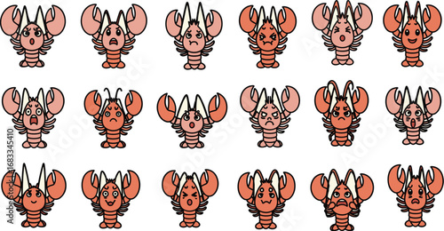 Cartoon lobsters set with diverse expressions, including anger, sadness, and happiness