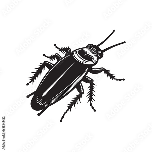 Cockroach Silhouette Vector Illustration, Solid White Background.