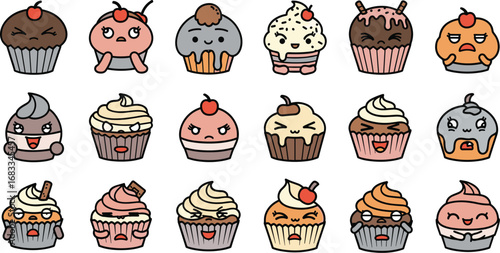 Collection of sixteen cartoon cupcakes with various expressions on light background