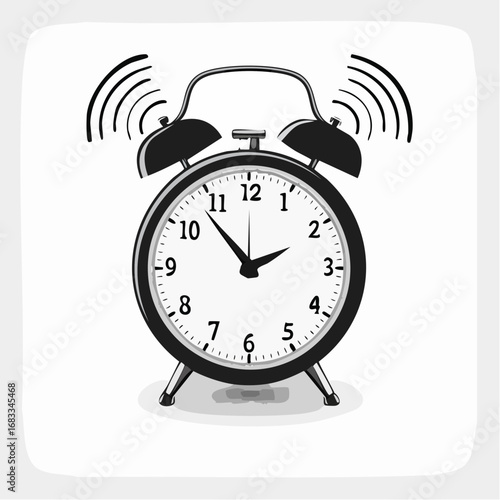 Alarm silhouette. This image depicts a black silhouette of an alarm clock with distinct ringing bells, symbolizing time management, urgency, and notifications. Vector clipart illustration design.