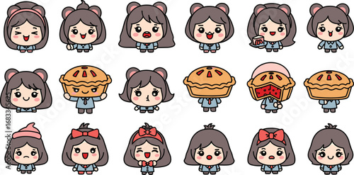 Cute cartoon characters with pie heads and accessories, expressing various emotions.
