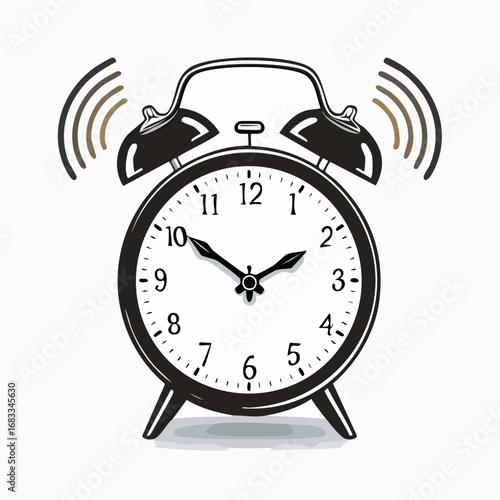 Alarm silhouette. This image depicts a black silhouette of an alarm clock with distinct ringing bells, symbolizing time management, urgency, and notifications. Vector clipart illustration design.