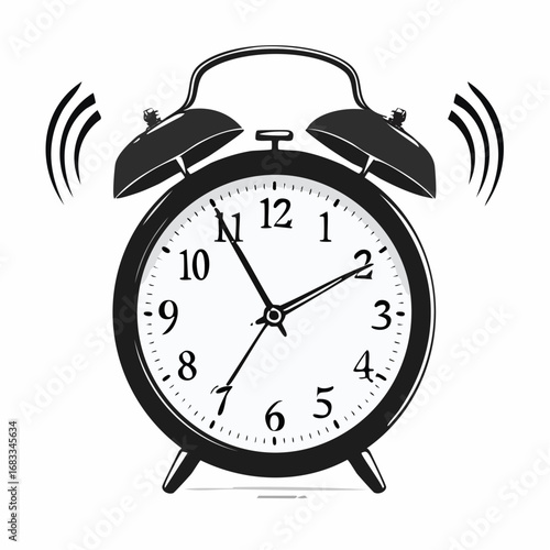 Alarm silhouette. This image depicts a black silhouette of an alarm clock with distinct ringing bells, symbolizing time management, urgency, and notifications. Vector clipart illustration design.