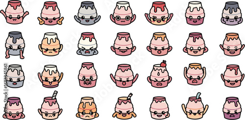 Cartoon custard desserts with varied expressions, strawberry and straw detail in a grid arrangement.