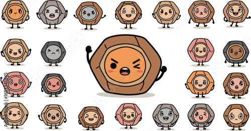 Cartoon nut characters with varying expressions, colorful and playful