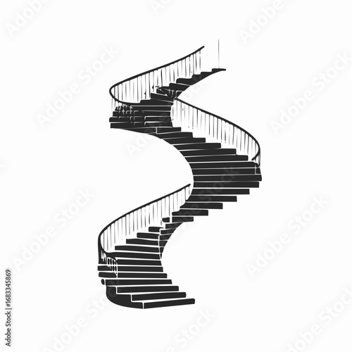 Spiral staircase silhouette. Image shows a black silhouette of a spiral staircase with curved steps and a railing. Vector clipart illustration design.