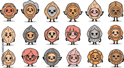 Cartoon nuts characters with various expressions on a light background