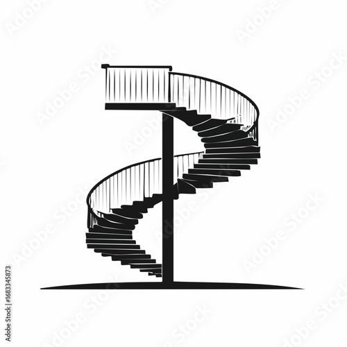 Spiral staircase silhouette. Image shows a black silhouette of a spiral staircase with curved steps and a railing. Vector clipart illustration design.