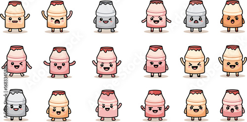 Collection of cartoon milk bottles with various expressions stand in grid