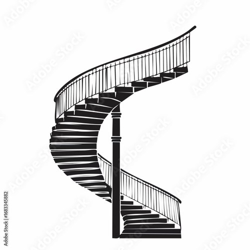 Spiral staircase silhouette. Image shows a black silhouette of a spiral staircase with curved steps and a railing. Vector clipart illustration design.