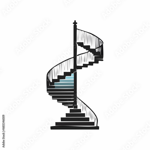 Spiral staircase silhouette. Image shows a black silhouette of a spiral staircase with curved steps and a railing. Vector clipart illustration design.