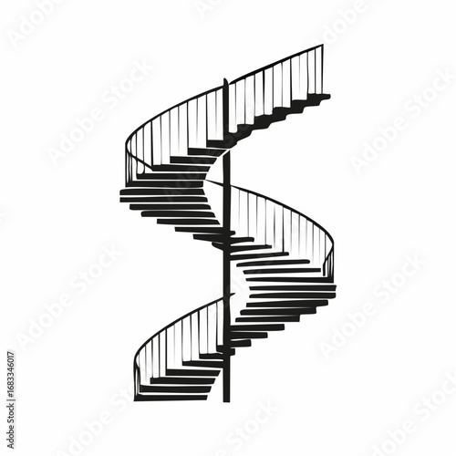 Spiral staircase silhouette. Image shows a black silhouette of a spiral staircase with curved steps and a railing. Vector clipart illustration design.