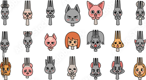 Cartoon fork characters with diverse expressions and animal features collection