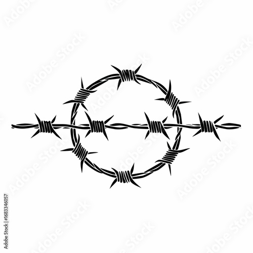 Barbed wire silhouette. This image shows a black and white design of intertwined barbed wire, symbolizing security, restriction, and protective boundaries. Vector clipart illustration design.