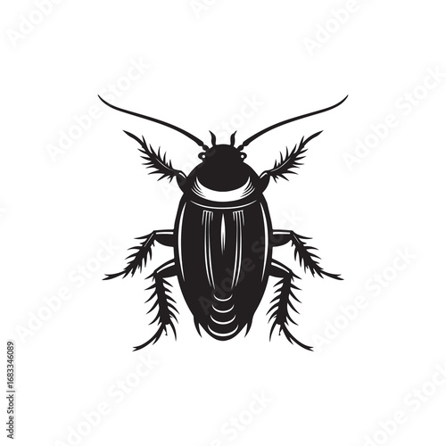 Cockroach Silhouette Vector Illustration, Solid White Background.