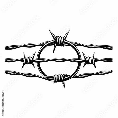 Barbed wire silhouette. This image shows a black and white design of intertwined barbed wire, symbolizing security, restriction, and protective boundaries. Vector clipart illustration design.