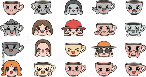 Cartoon cups and people with varied emotions, showing happy, angry, and sad expressions in a whimsical style