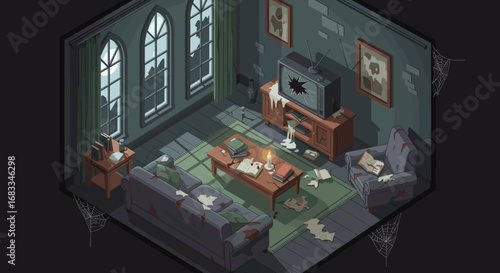 Eerily abandoned cartoon room with broken windows and cobwebs, perfect for haunted house scenes