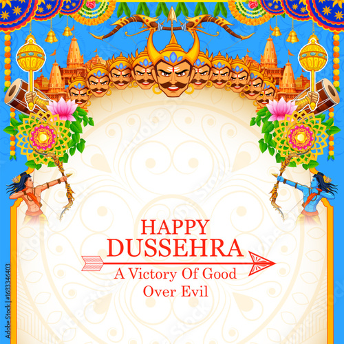 Lord Rama killing Ravana in Dussehra Navratri festival of India poster